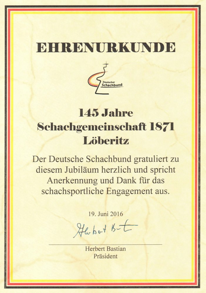 Ehrenurkunde 145 Jahre SG 1871 Löberitz